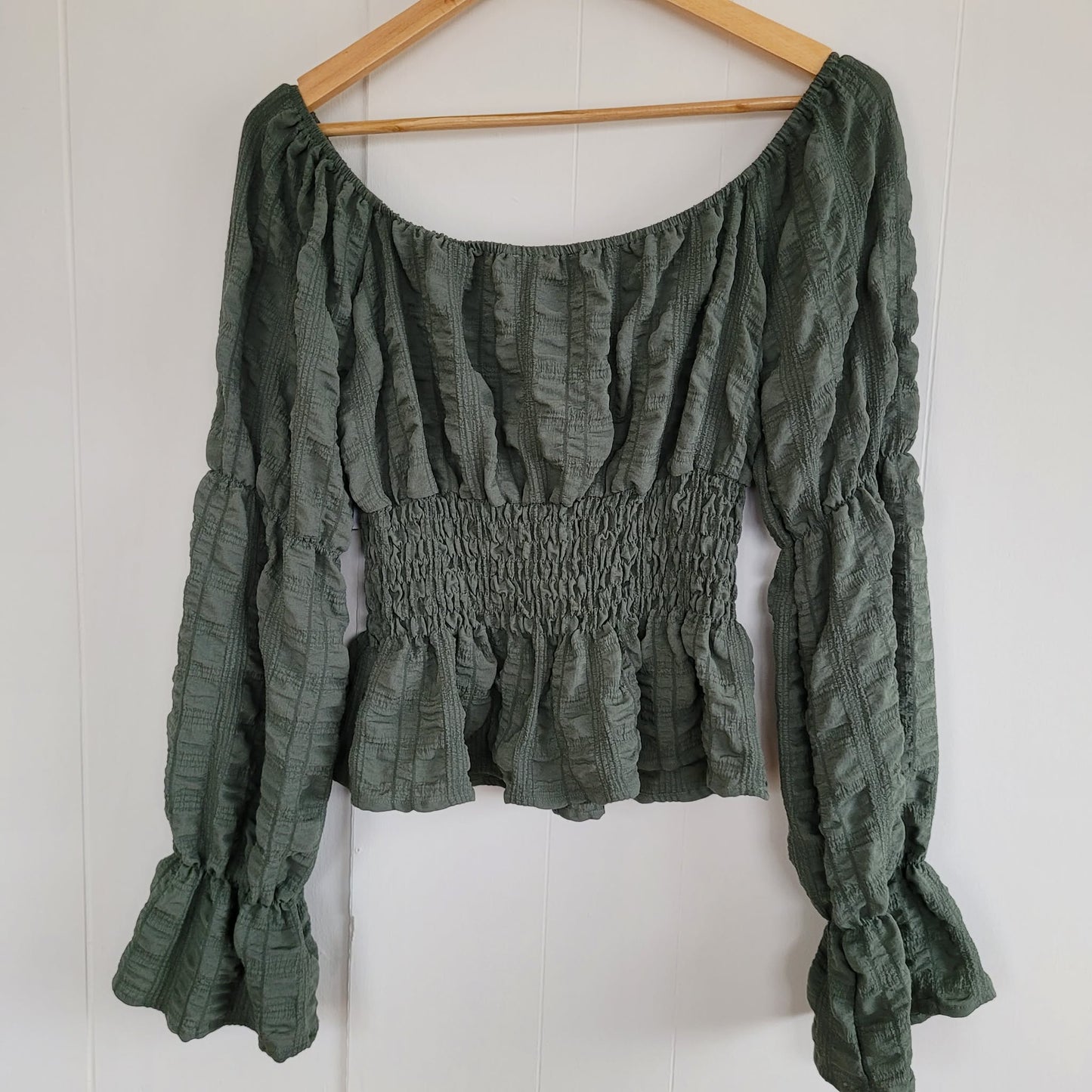 Olive Green Smocked Peplum Off-Shoulder Blouse - Rose and Grey (M)