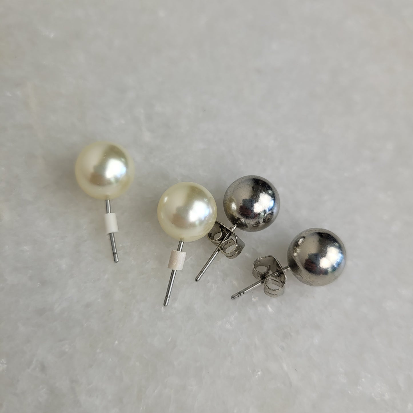 2-Pair Pearl & Silver Tone Ball Stud Earring Set