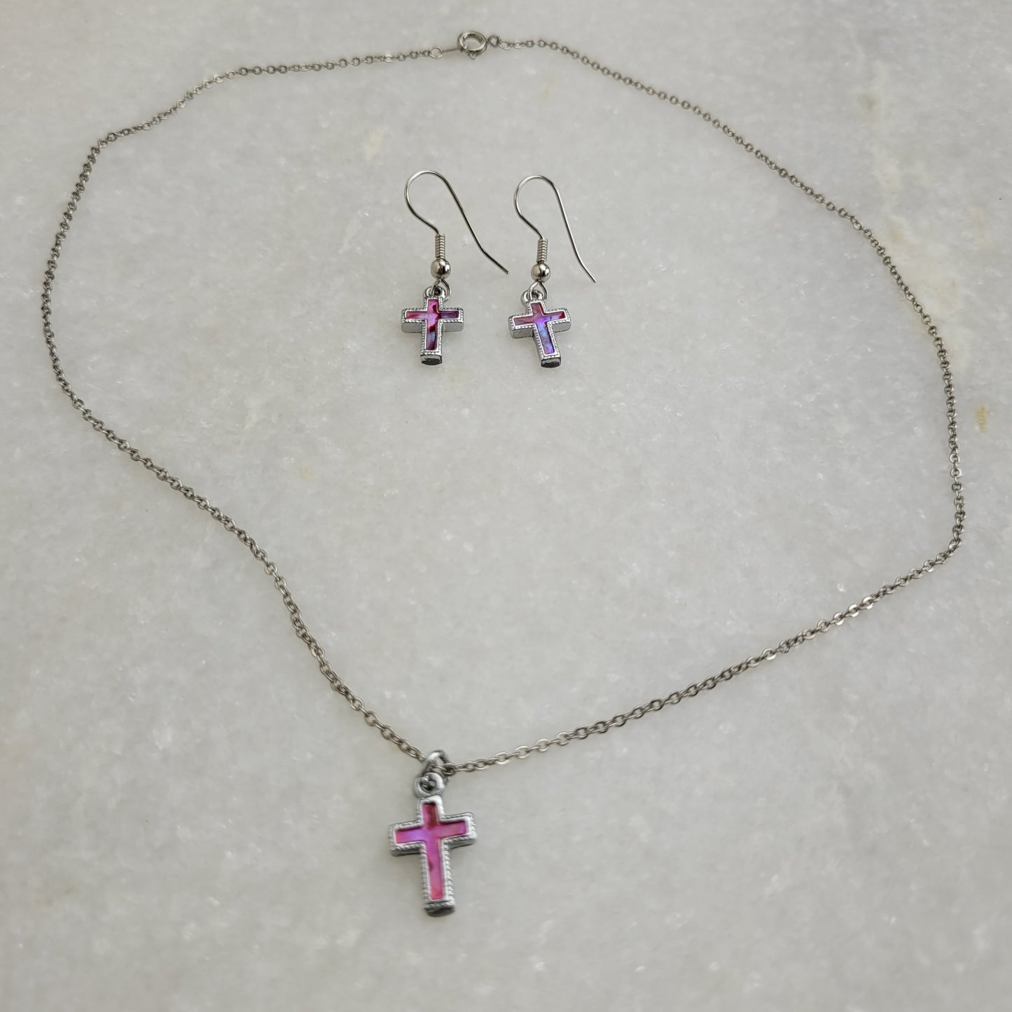 Pink Cross Necklace & Earring Set