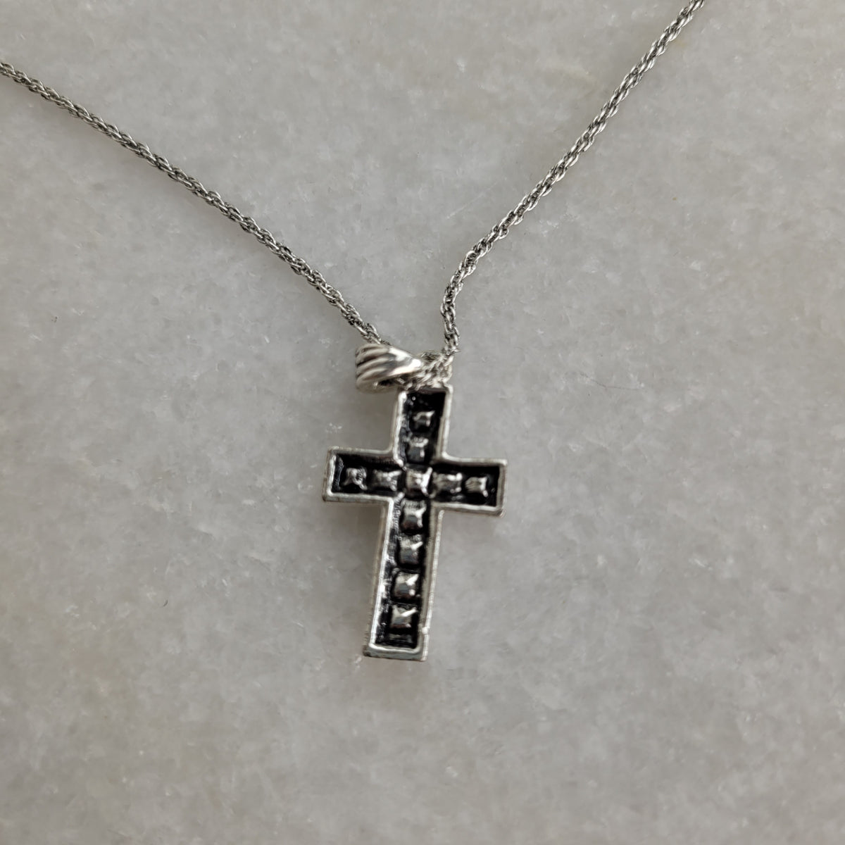 Silver-Tone Blue Rhinestone Cross Necklace