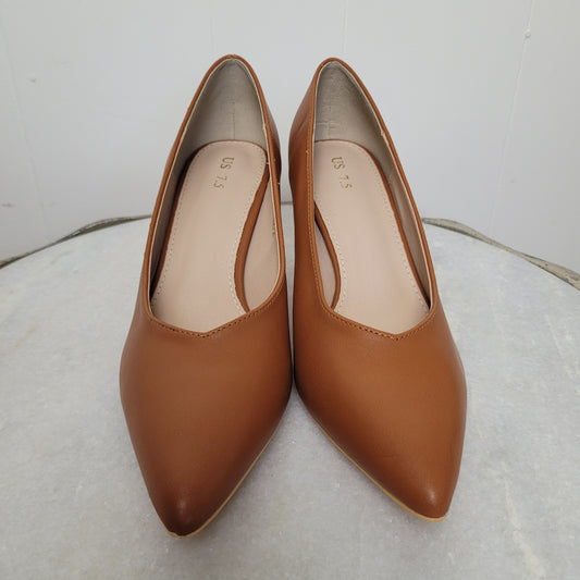 Cognac Pointed-Toe Kitten Heels (Size 7.5)