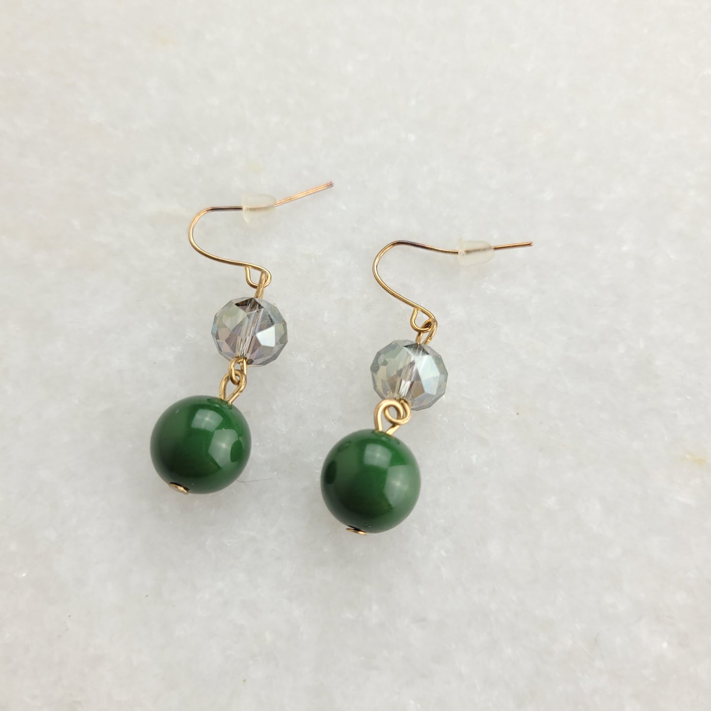 Green Beaded Drop Earrings with Faceted Crystal Accents