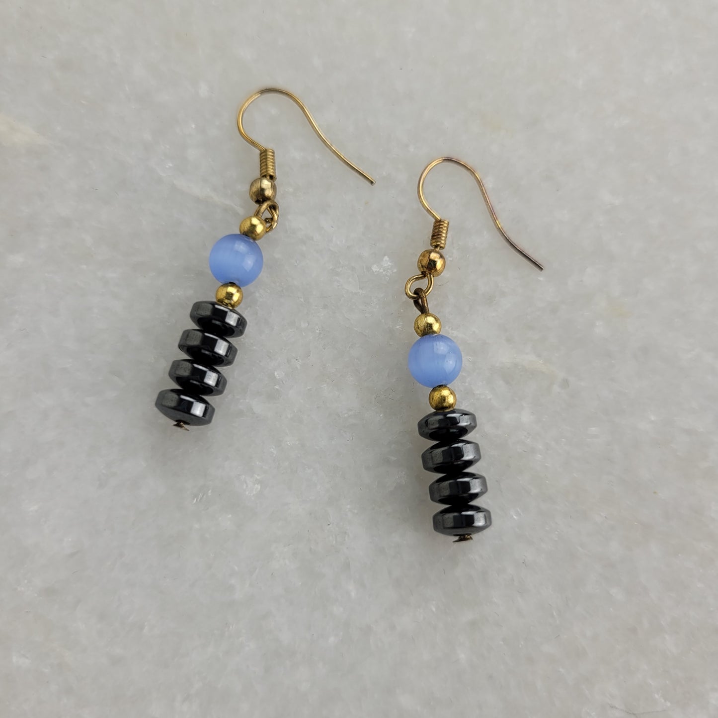 Blue Cat's Eye & Hematite Beaded Dangle Earrings