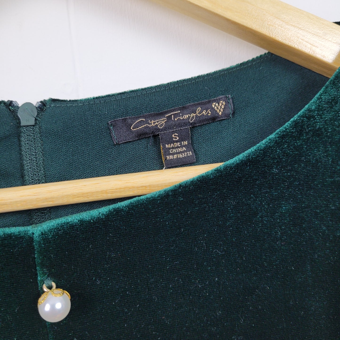 Green Velvet Pearl Button Fit & Flare Dress - City Triangles (Small)