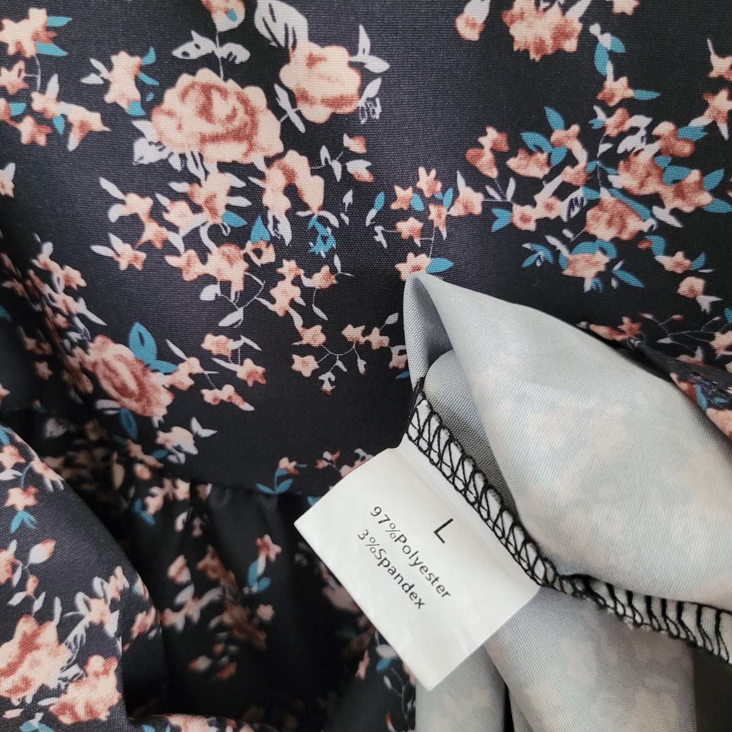 Floral Babydoll Dress - Black Long Sleeve Mini Dress - Size L
