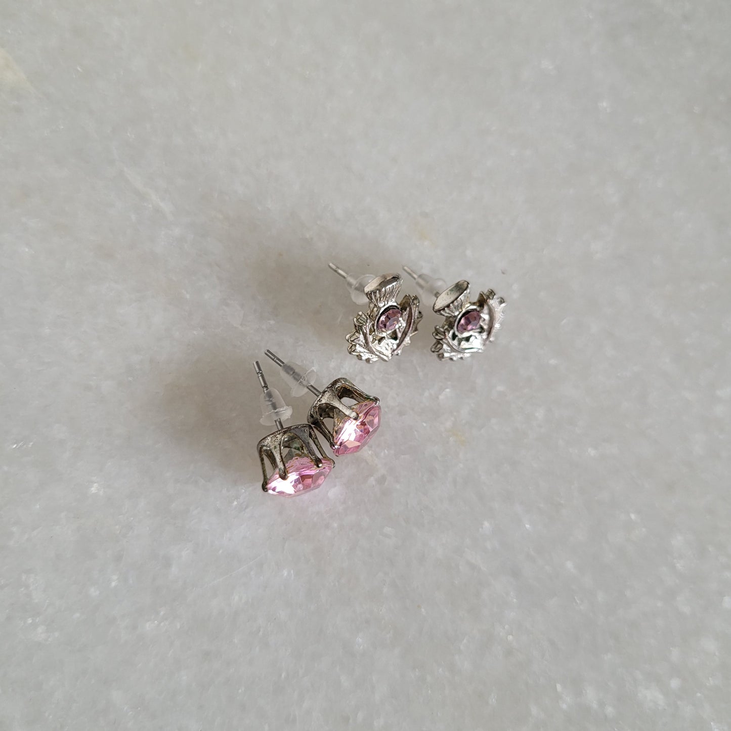 2 Pair Pink Crystal & Scottish Thistle Stud Earring Set