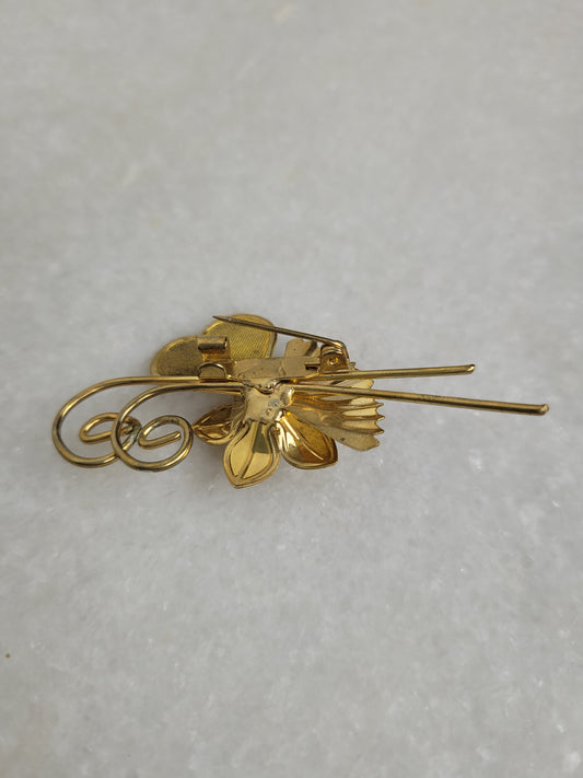 Gold Tone Faux Pearl Floral Spray Brooch