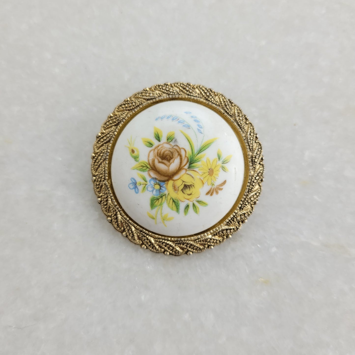 Vintage Floral Porcelain Brooch - Gold Tone Frame