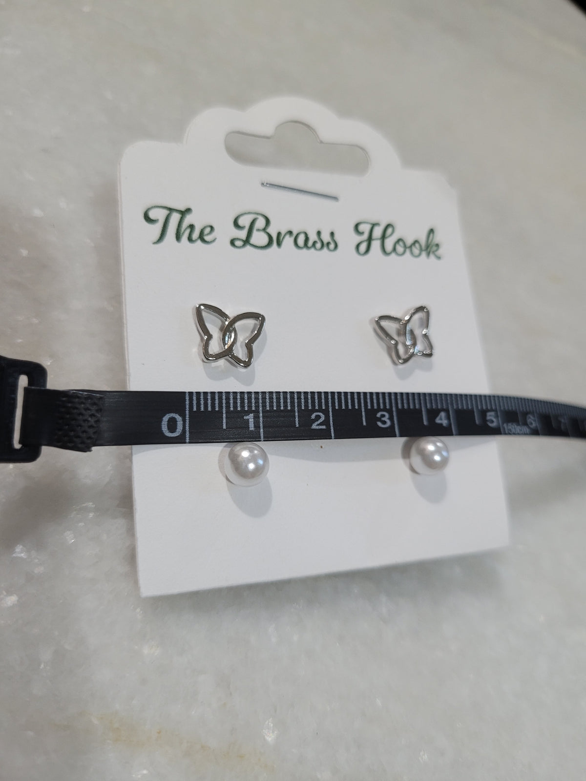 2-Pair Silver Tone Butterfly & Faux Pearl Stud Earrings