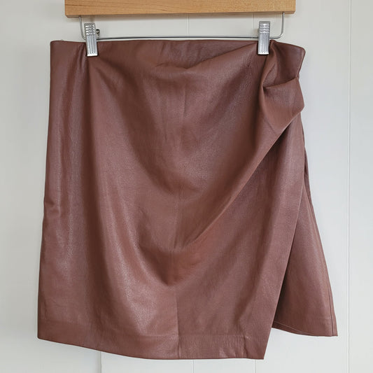 Brown Faux Leather Faux Wrap Mini Skirt - Wilfred (Size 10)
