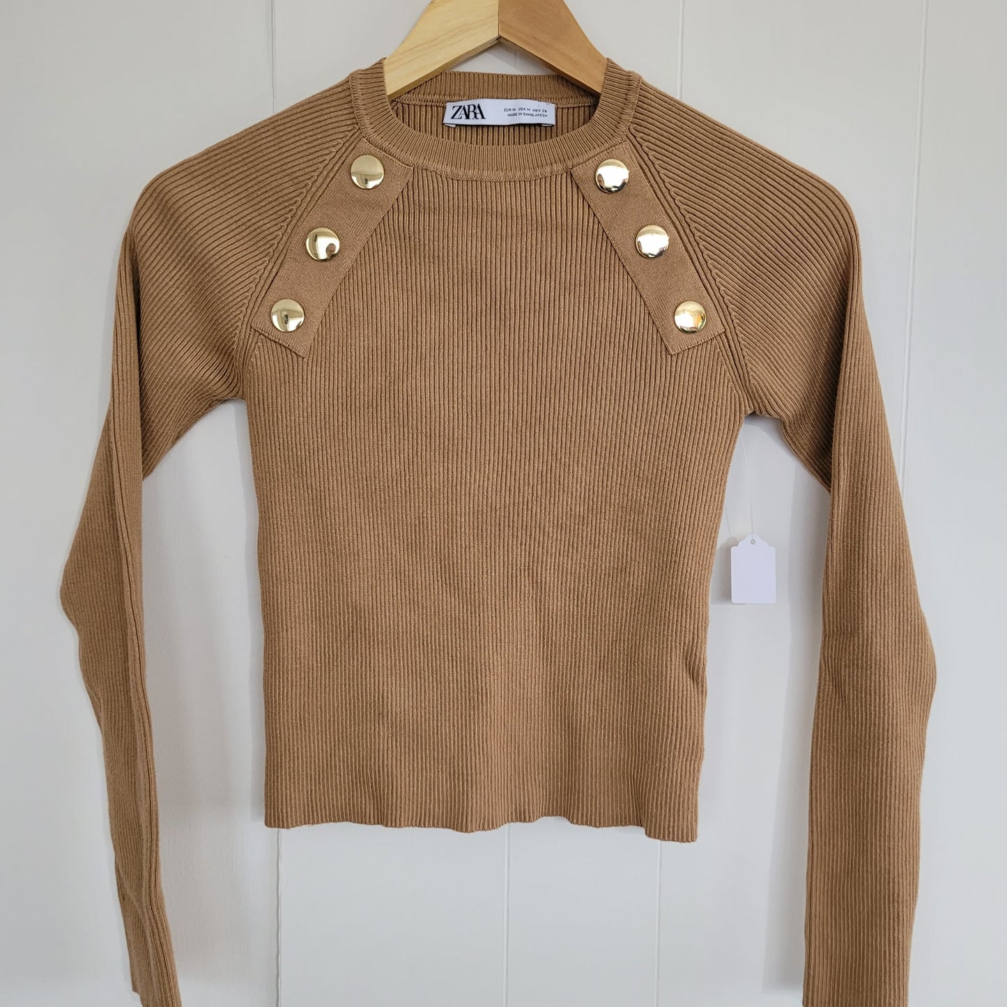 Camel Ribbed Knit Button Detail Sweater - Zara (M)