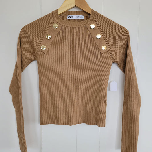 Camel Ribbed Knit Button Detail Sweater - Zara (M)