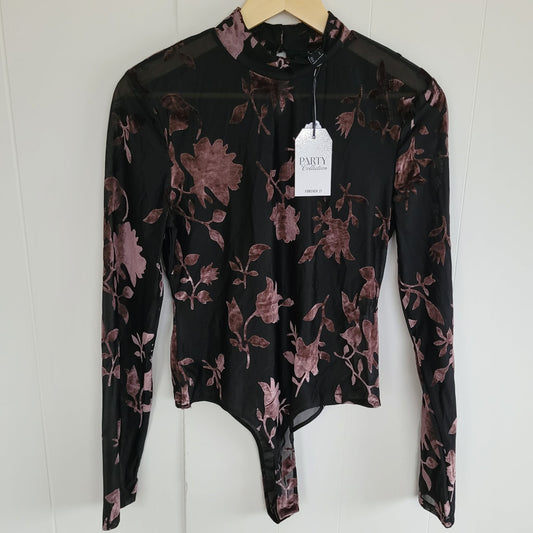 Black/Mauve Mesh Floral Long Sleeve Bodysuit - Forever 21 (L) BNWT