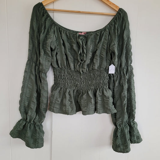 Olive Green Smocked Peplum Off-Shoulder Blouse - Rose and Grey (M)