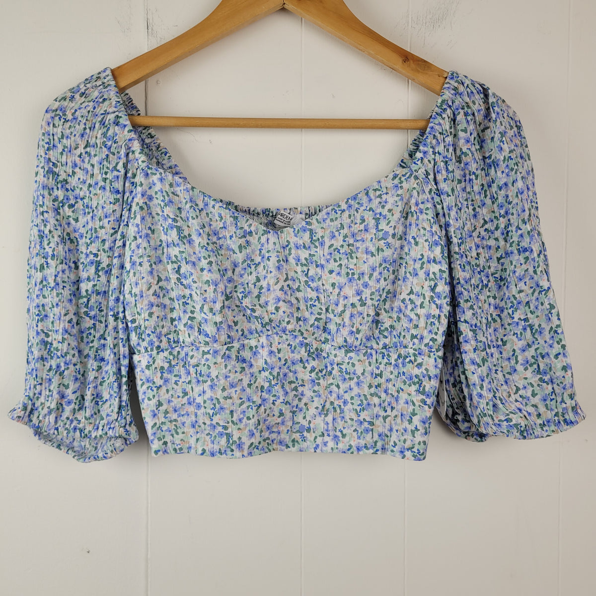 Blue Floral Puff Sleeve Crop Top - Ardene (Size L)