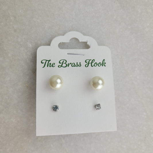 2-Pair Stud Earring Set - Faux Pearl & Clear Crystal