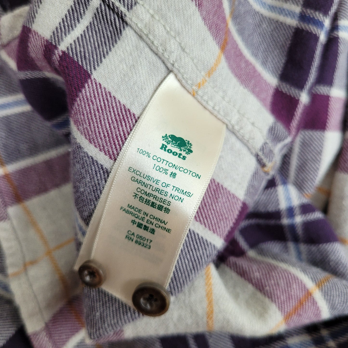 Purple Plaid Cotton Button-Up Shirt - Roots (Women's Medium)
