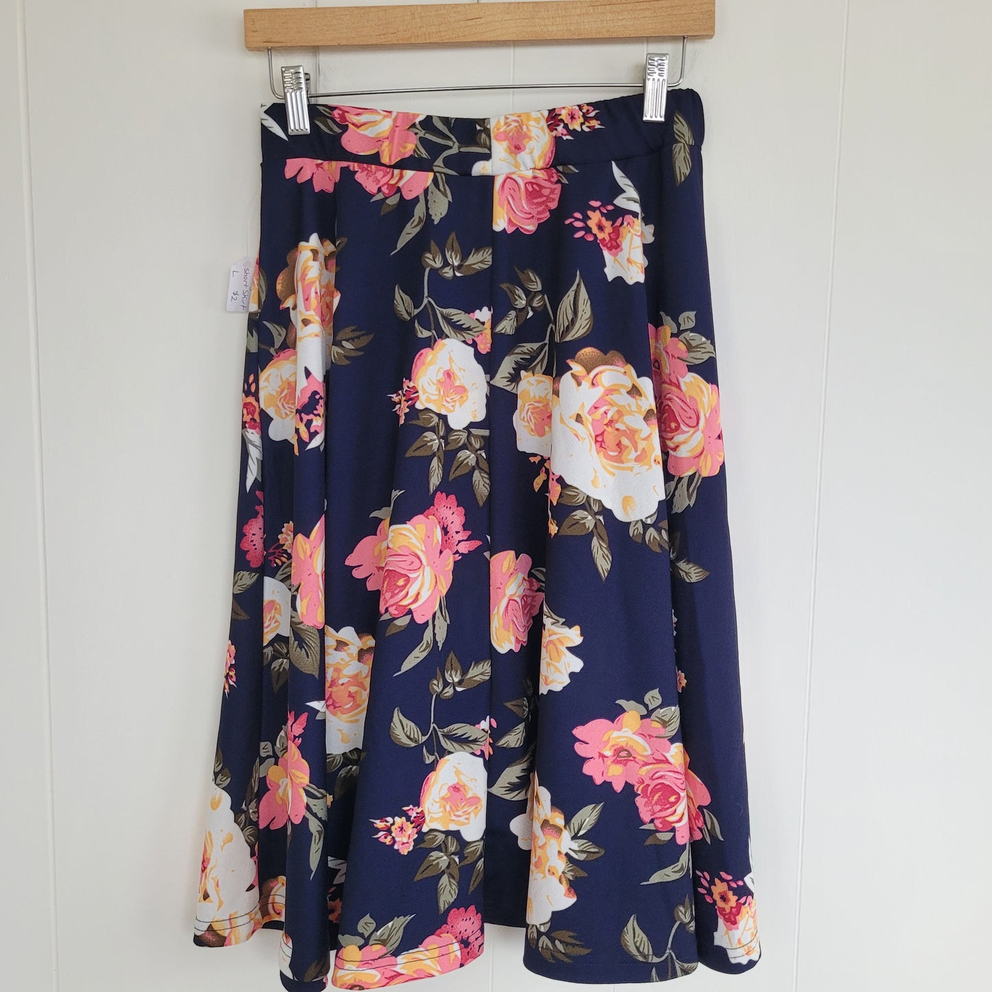 Navy High Waist Flowy Floral Knee-Length Skirt - Emery Rose (L)