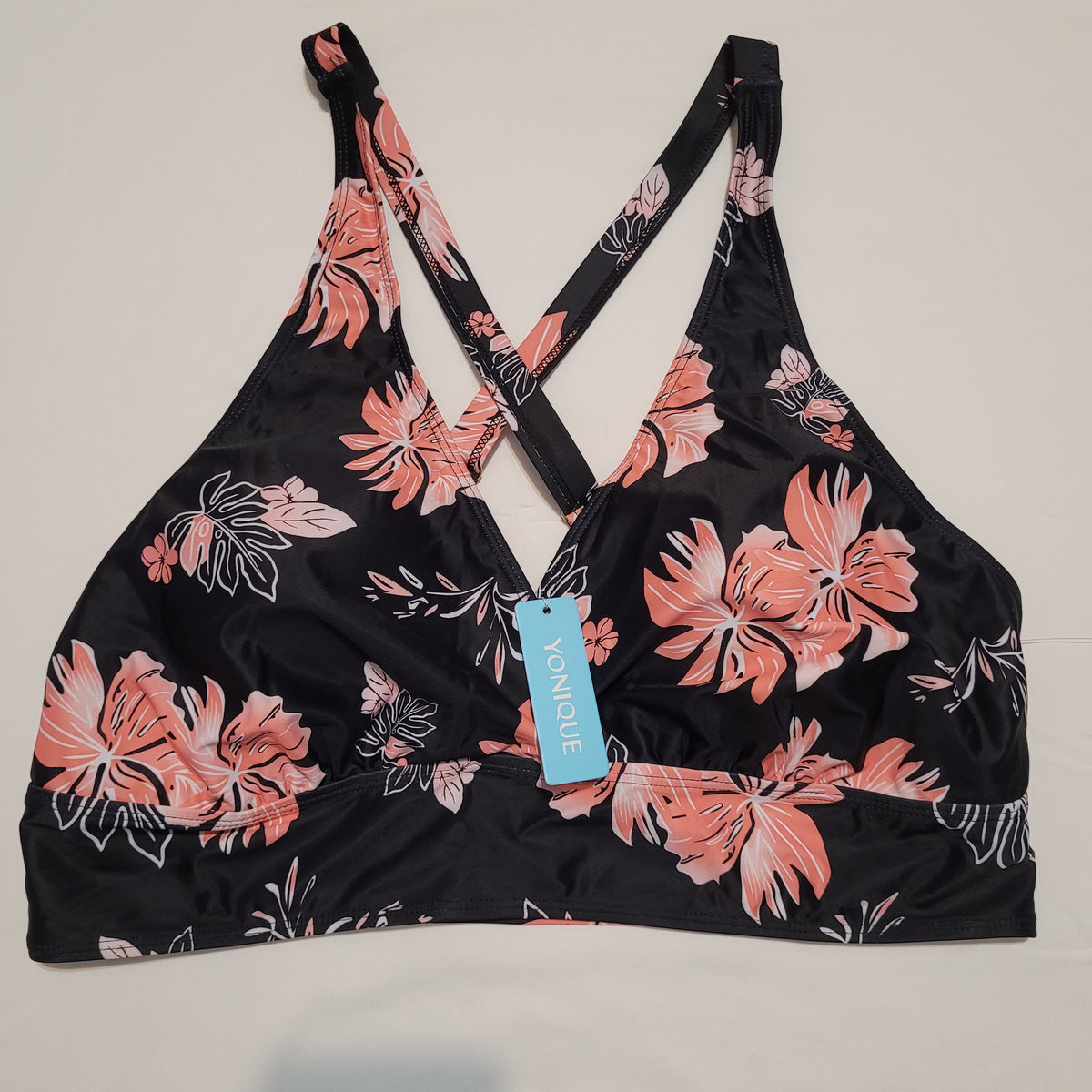 Black & Coral Floral Swim Top - Yonique (XXL/18W)