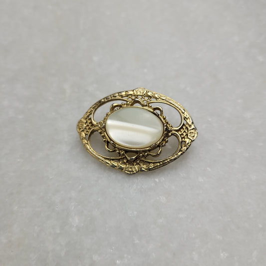 Vintage Gold Tone Faux Mother of Pearl Oval Brooch