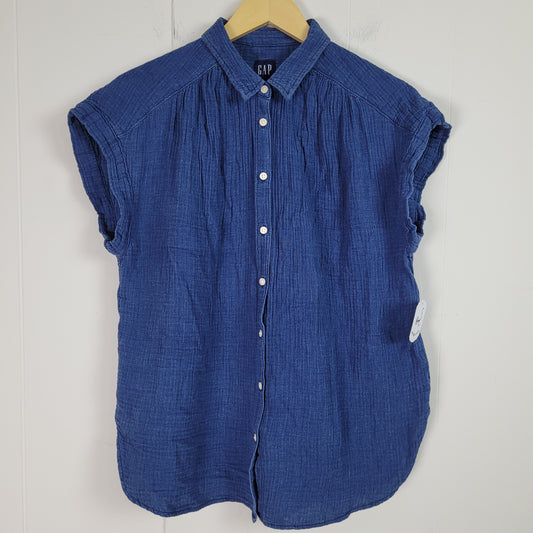 Blue Double Gauze Button-Up Short Sleeve Top - Gap (Small)