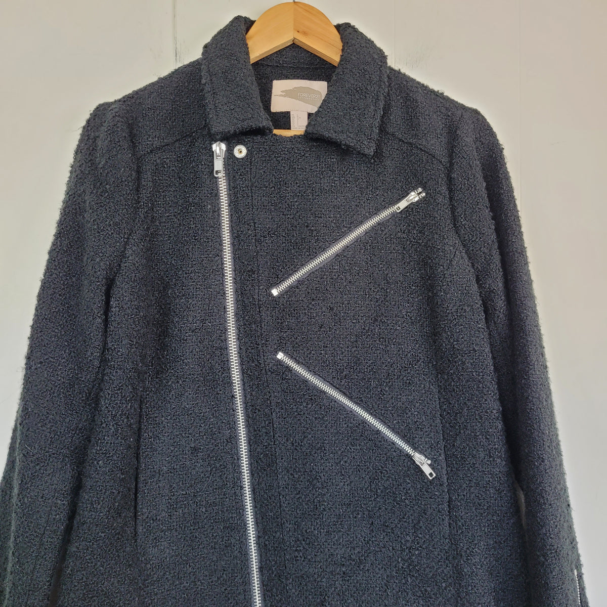 Black Bouclé Moto Jacket - Forever 21 (L)