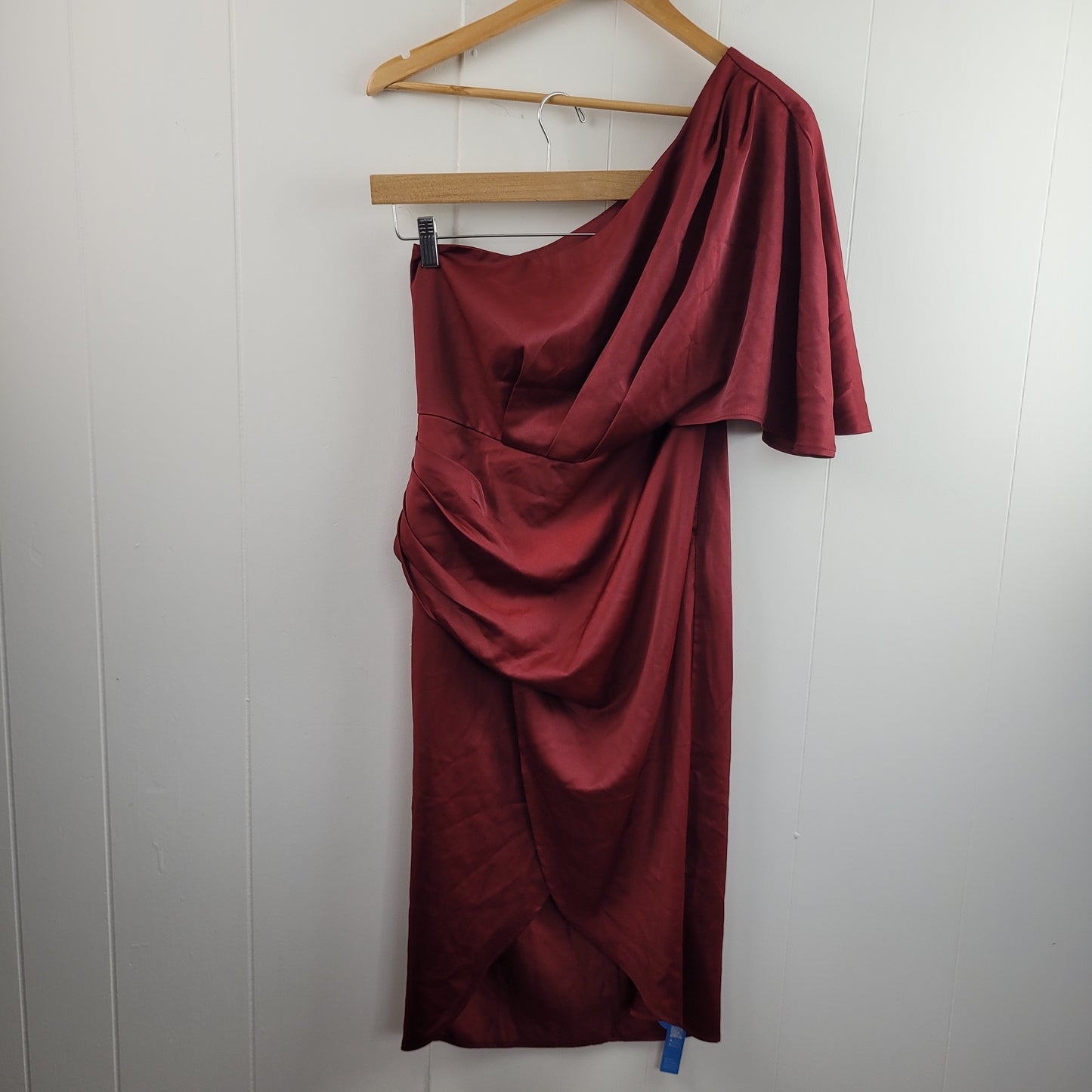 Burgundy One Shoulder Satin Midi Dress - CUPSHE (Medium)