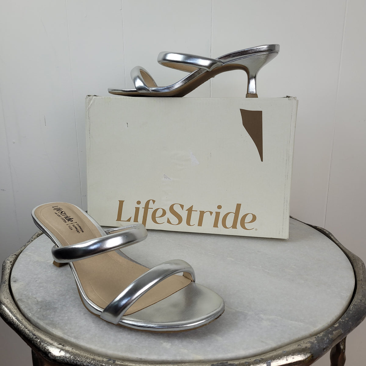 Silver Metallic Heeled Sandals - LifeStride (Size 8)