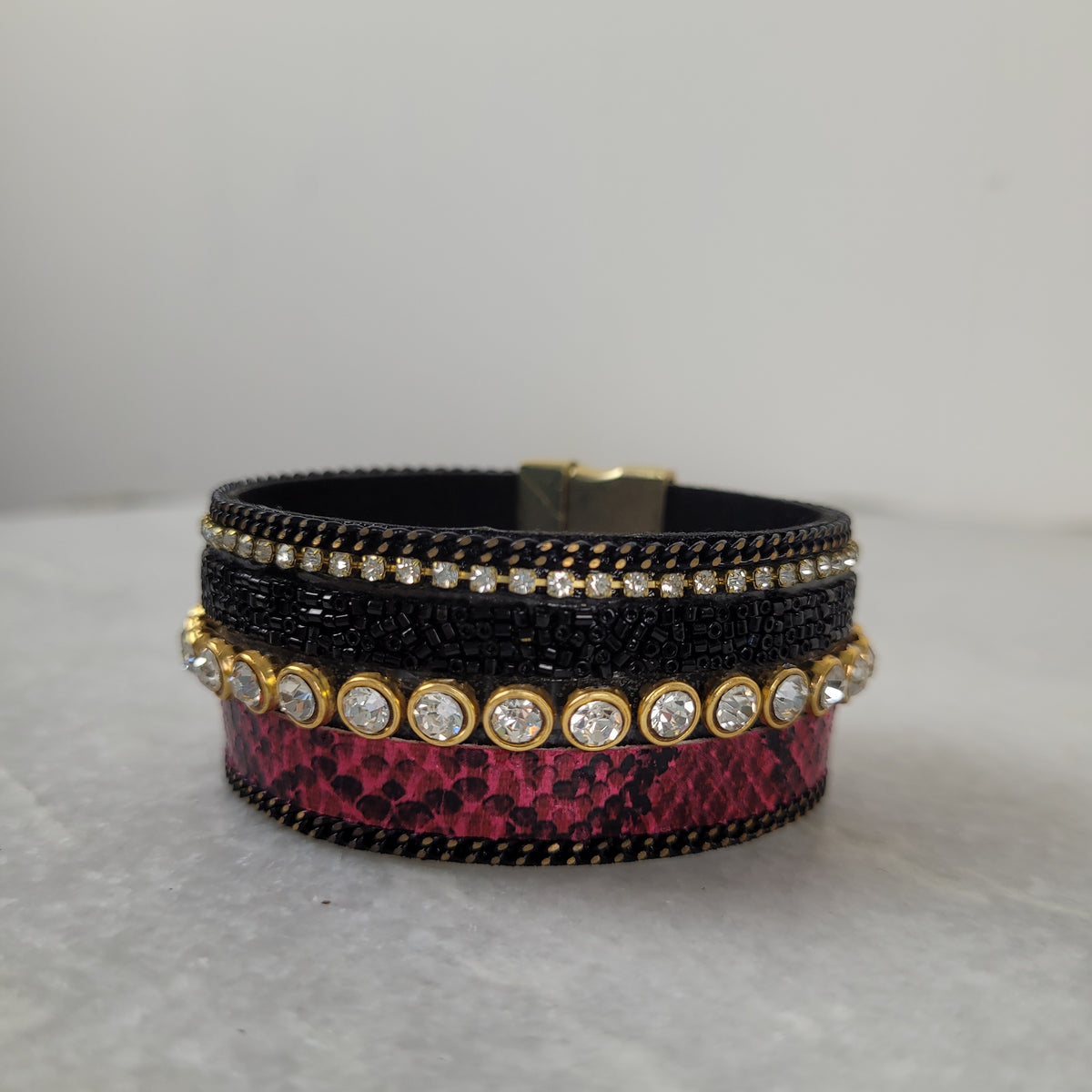 Pink Snake Print Crystal Magnetic Cuff Bracelet