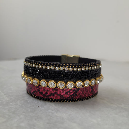 Pink Snake Print Crystal Magnetic Cuff Bracelet
