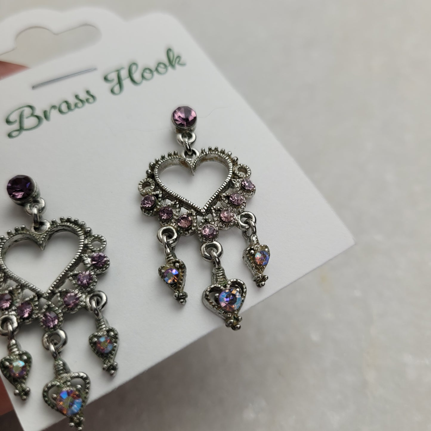 Silver Tone Pink Rhinestone Heart Chandelier Earrings