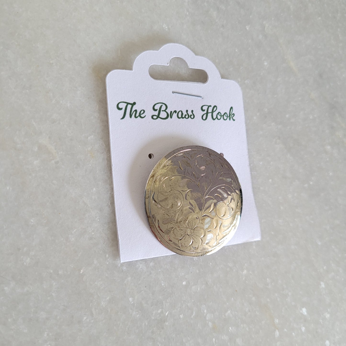 Vintage Sterling Silver Engraved Round Brooch