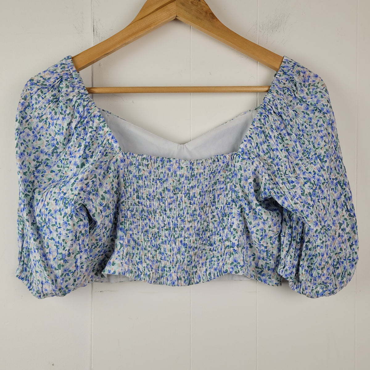 Blue Floral Puff Sleeve Crop Top - Ardene (Size L)