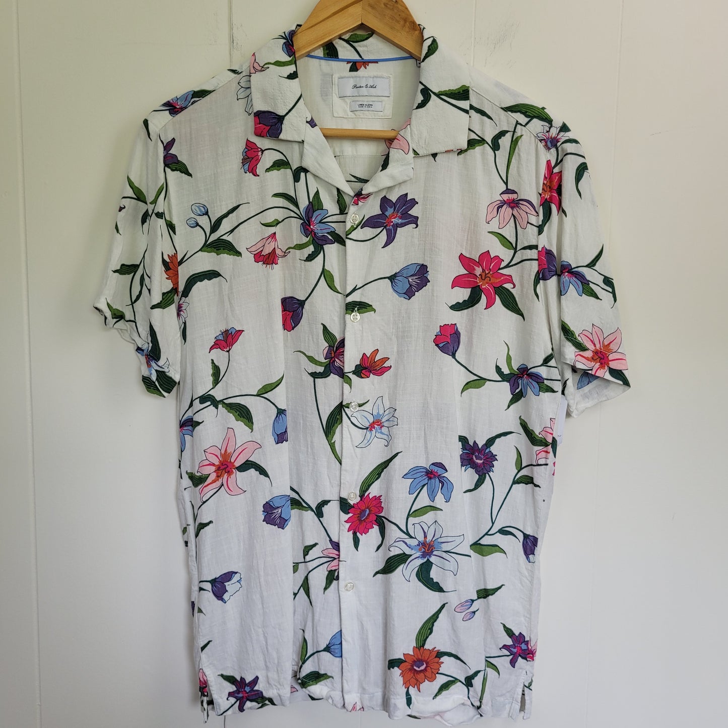 White Floral Linen Blend Button-Up Shirt - Porter & Ash (M)