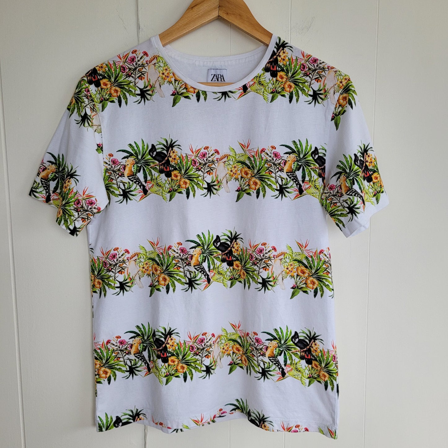 White Tropical Print T-Shirt -Birds & Florals - Zara (Small)