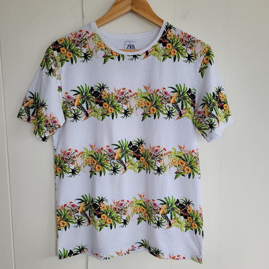 White Tropical Print T-Shirt -Birds & Florals - Zara (Small)
