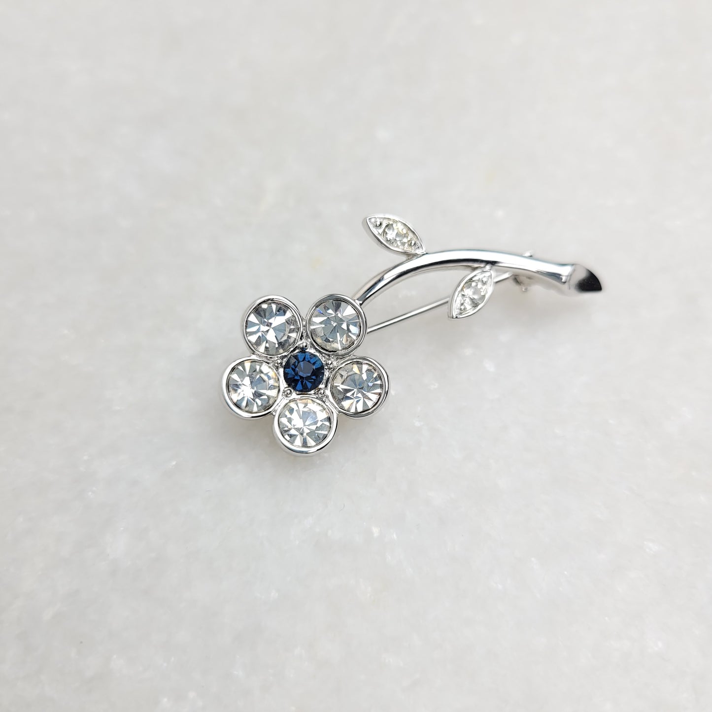 Blue & Clear Crystal Flower Brooch