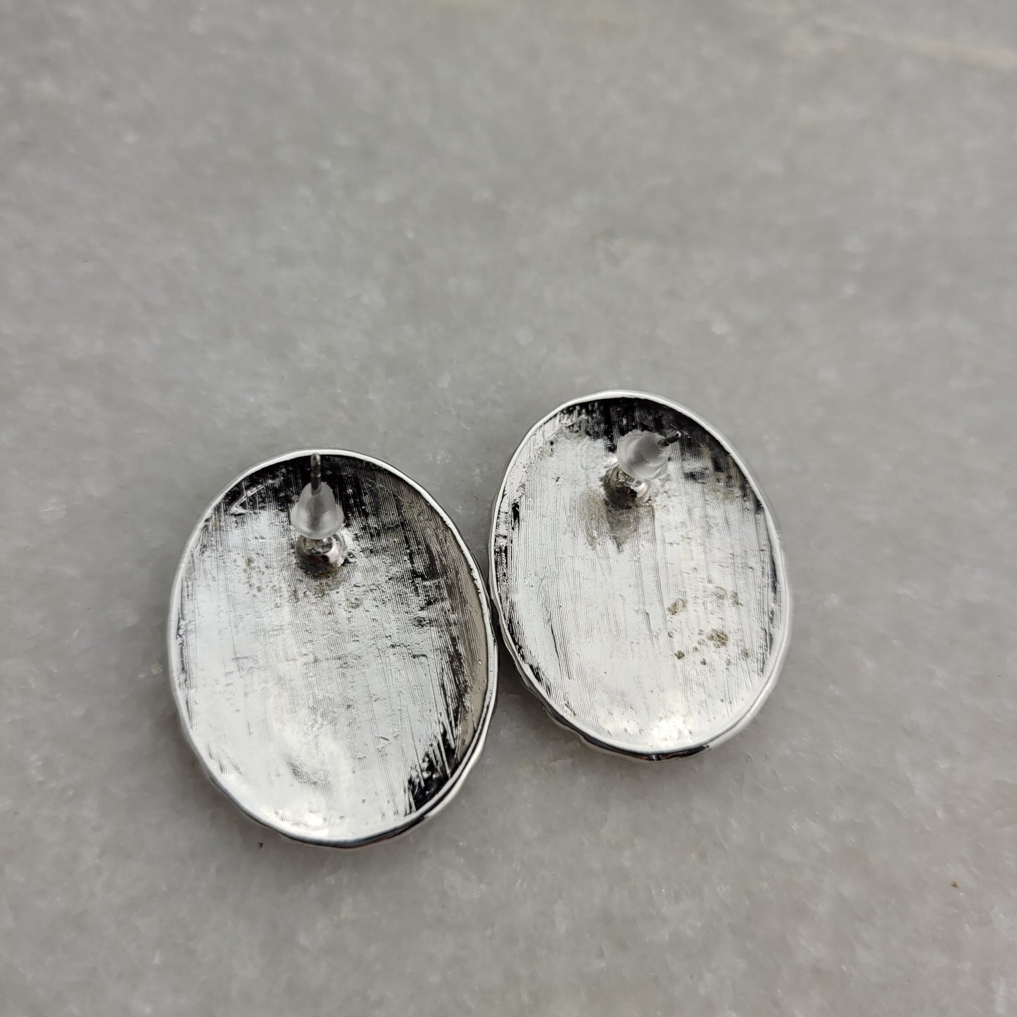 Silver Tone & Cream Oval Statement Stud Earrings