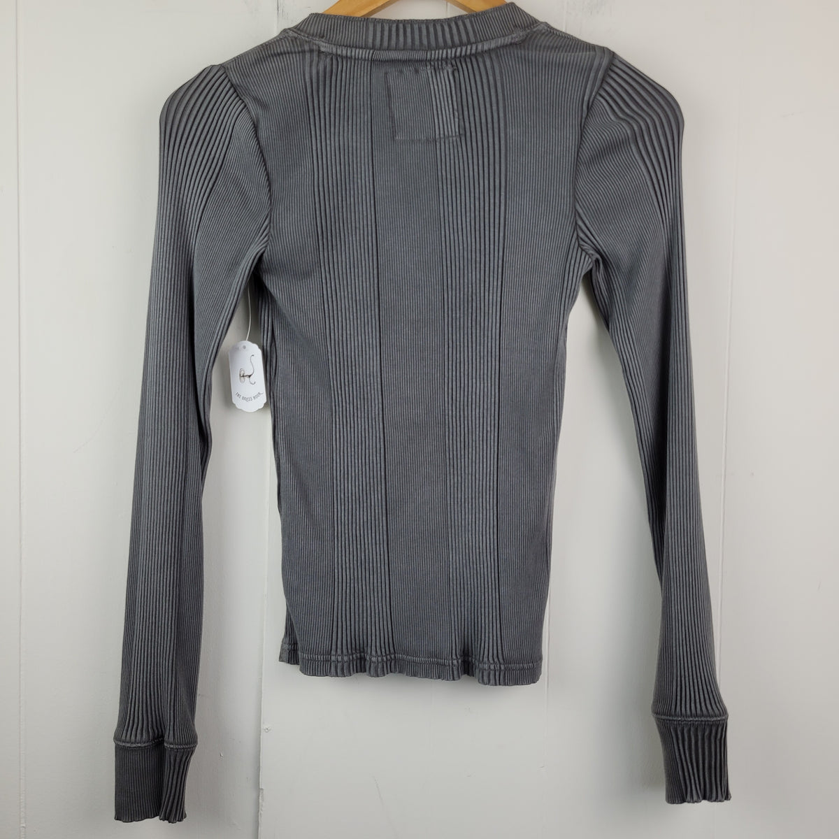 Washed Charcoal Ribbed Henley Long Sleeve Top - Aerie (Size S)