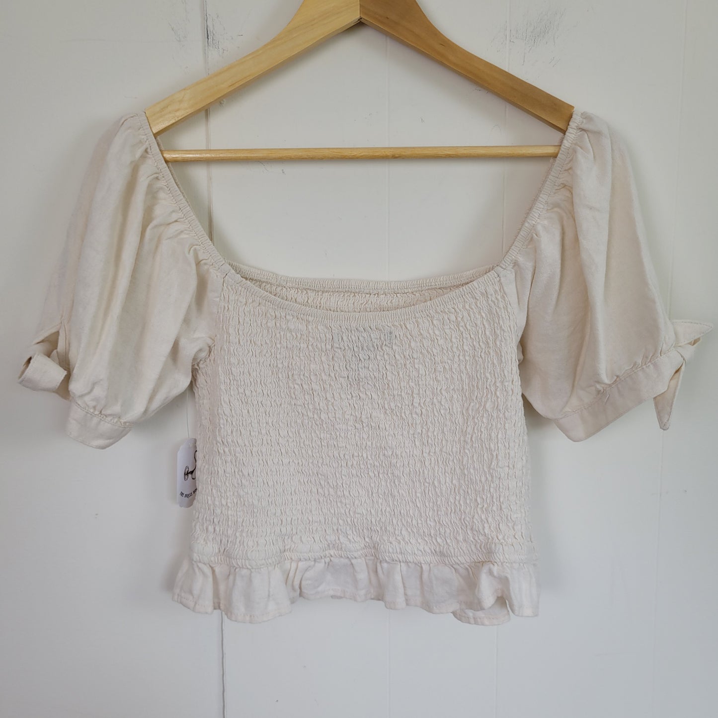 Cream Linen Blend Smocked Puff Sleeve Top - Forever 21 (Large)