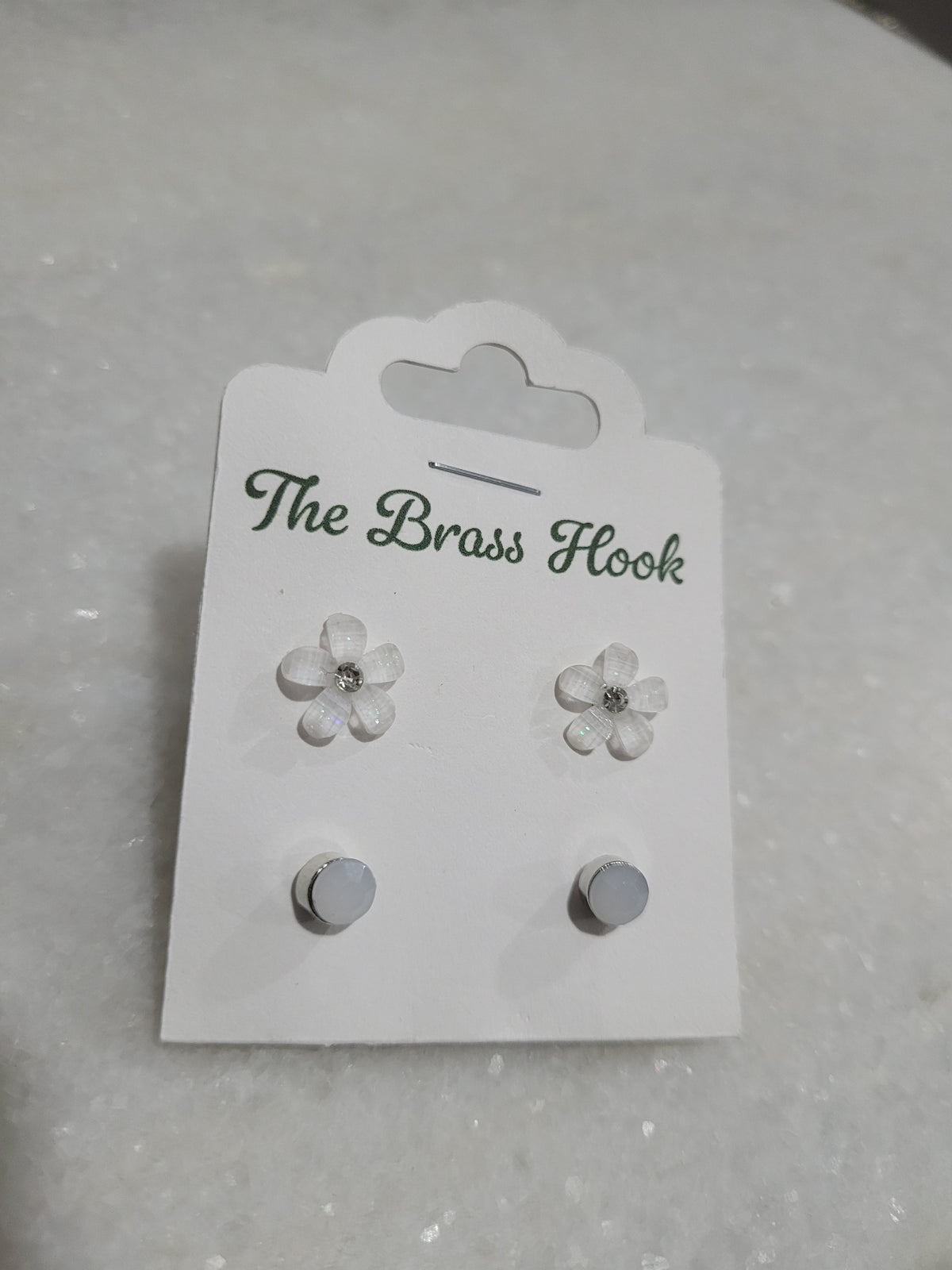 2-Pair White Floral & Faceted Stud Earrings