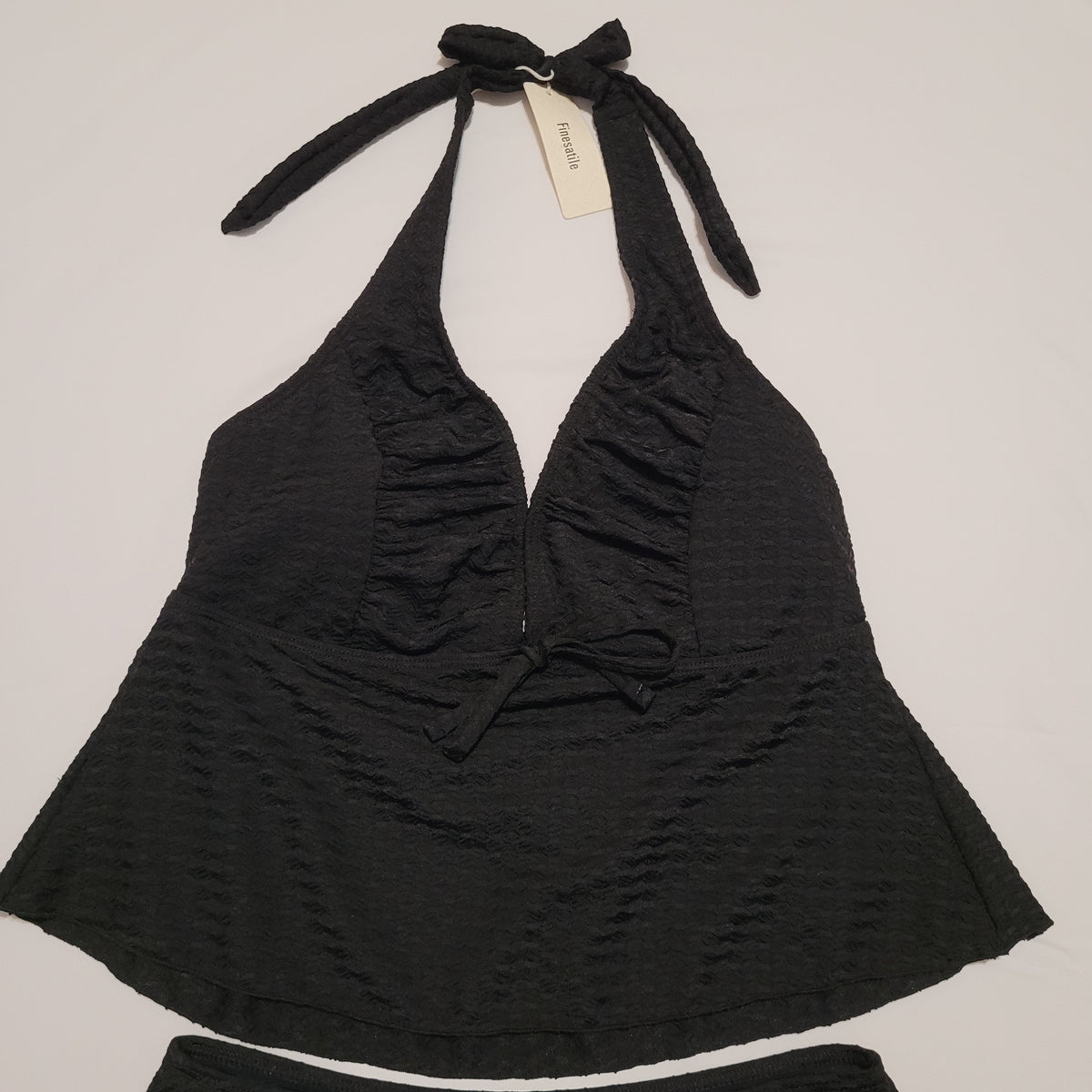Black Textured Halter Tankini Set - Finesatile (M)