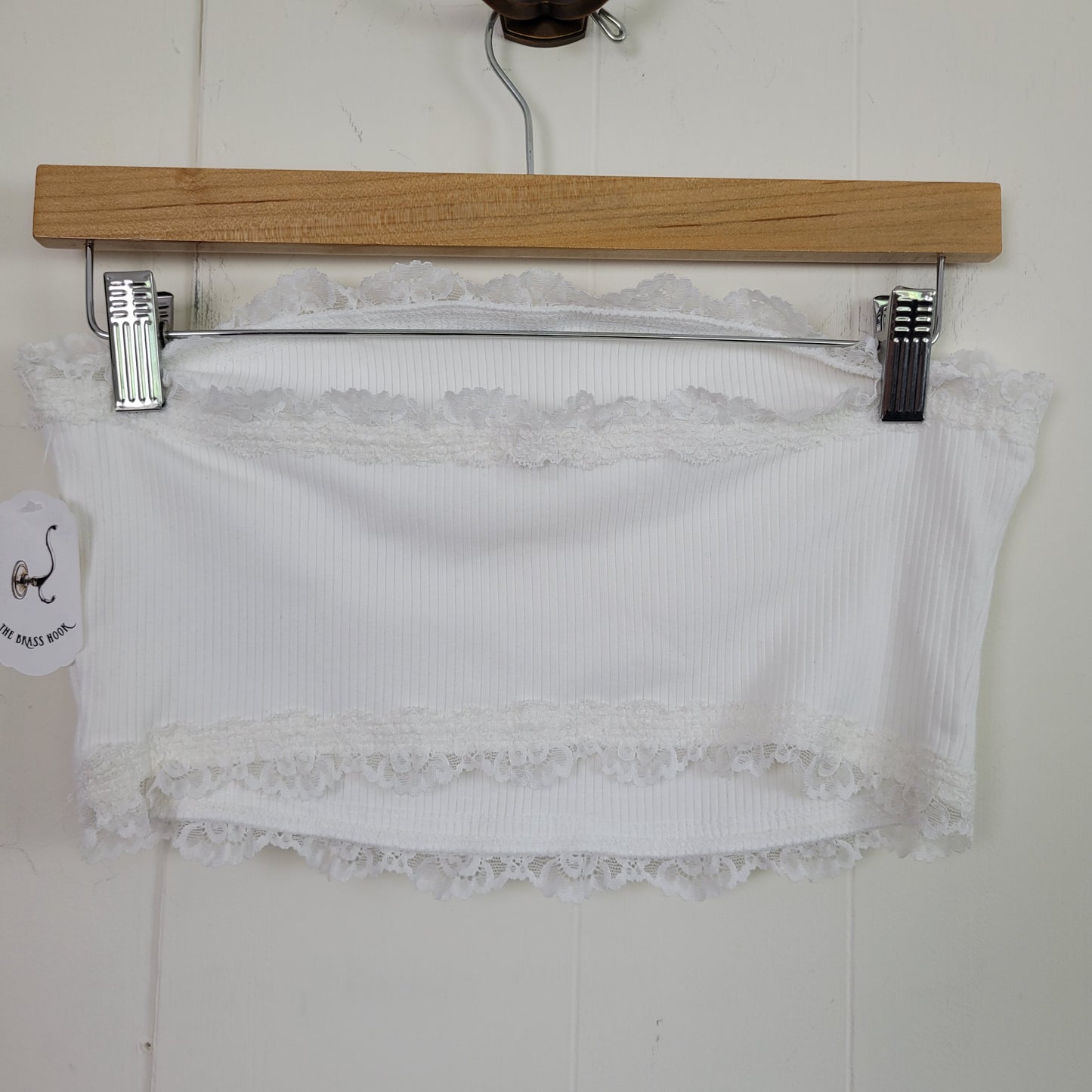 White Ribbed Lace Trim Tube Top - Garage (Size L)