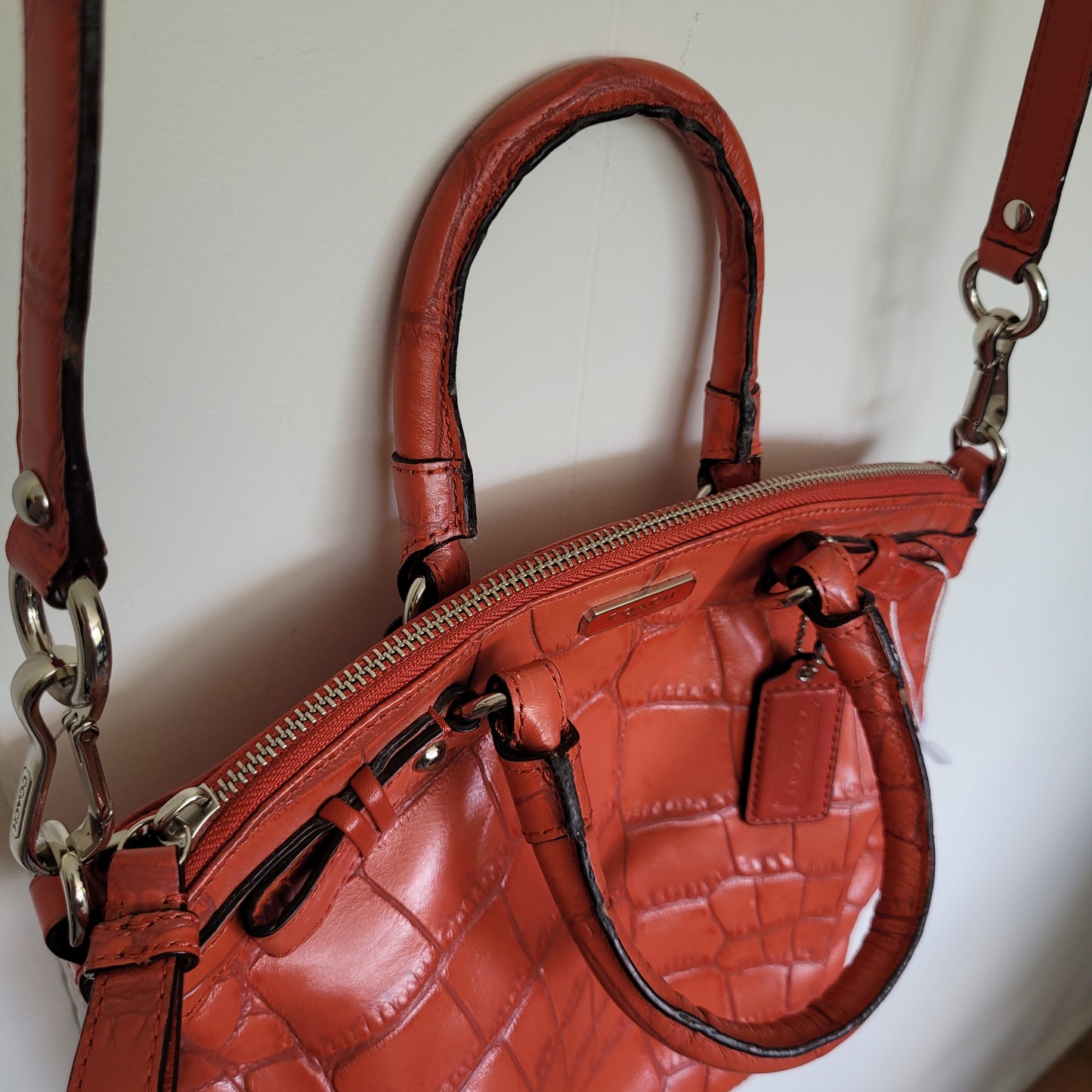 Coral Orange Madison Embossed Leather Satchel - Coach