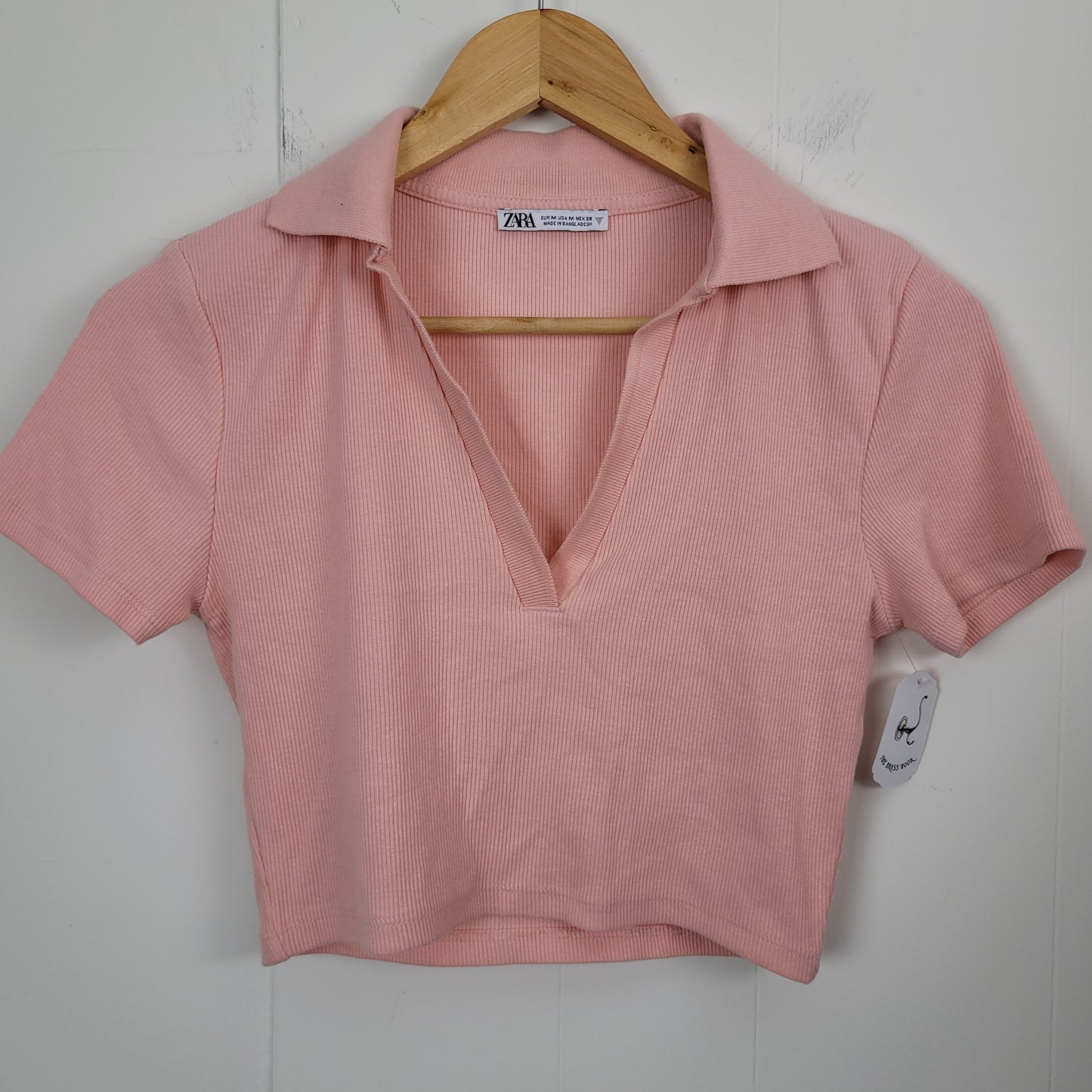 Pink Ribbed Collared Crop Top - Zara (Medium)