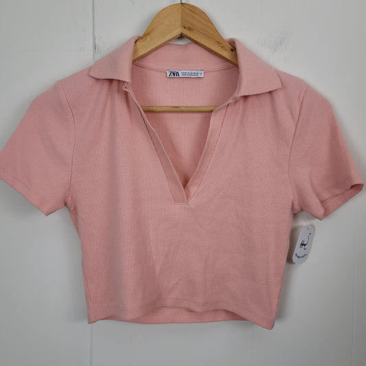 Pink Ribbed Collared Crop Top - Zara (Medium)
