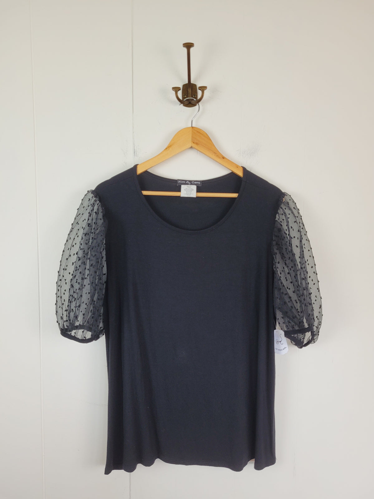 Kim & Cami 1X Black Sheer Swiss Dot Puff Sleeve Top