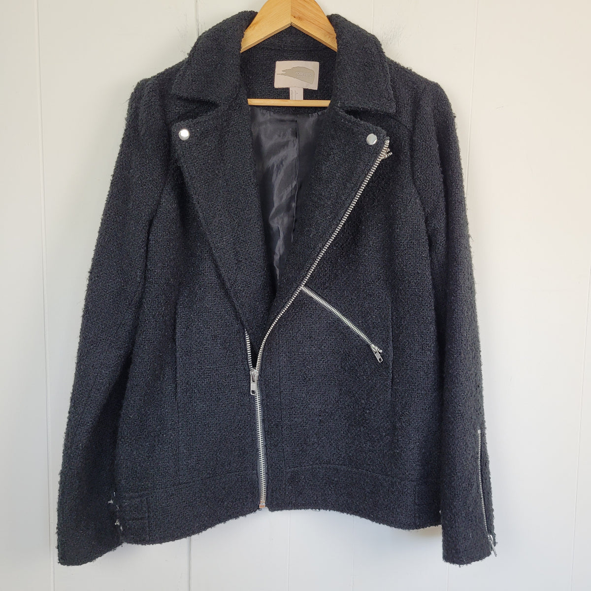 Black Bouclé Moto Jacket - Forever 21 (L)