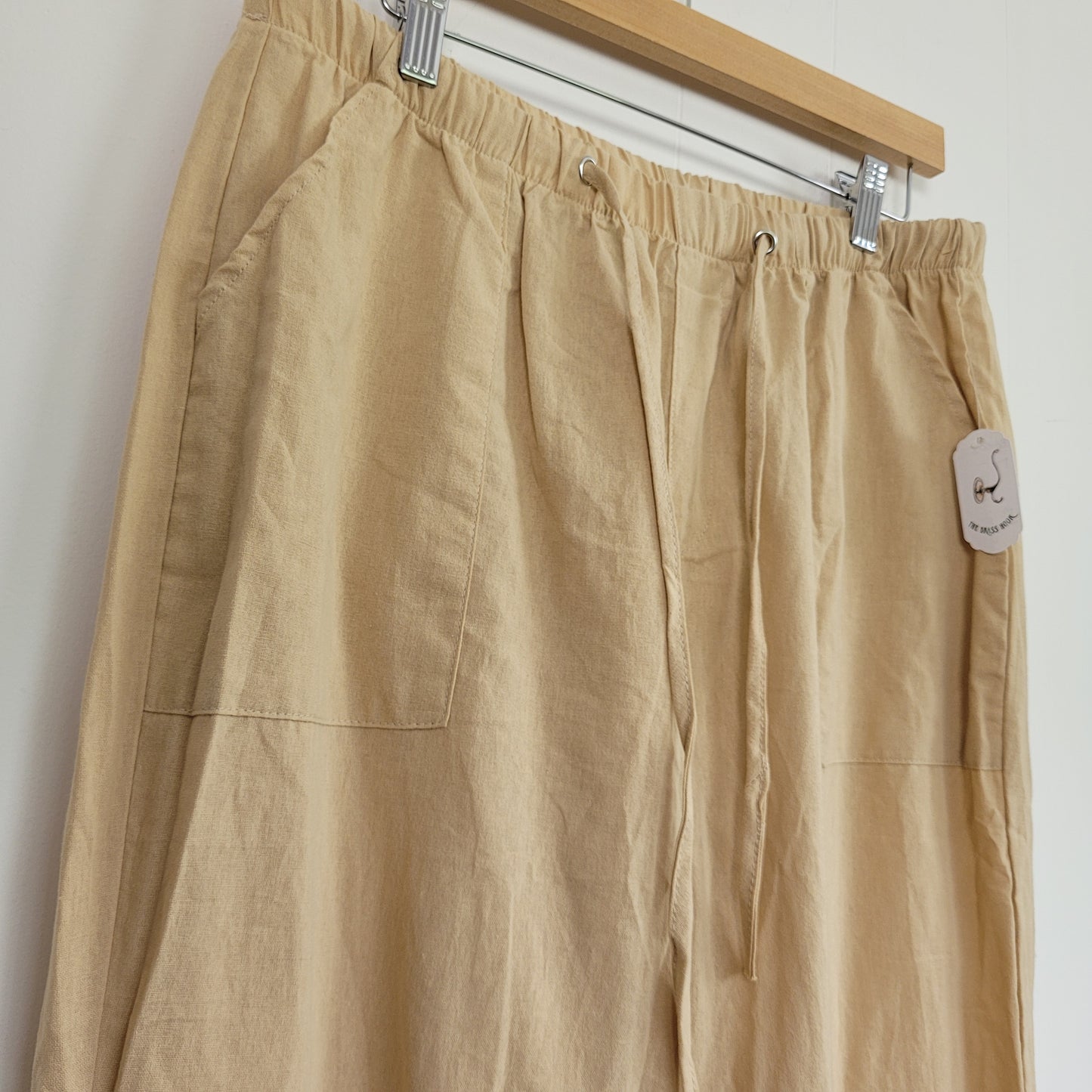 Beige Linen Look Wide Leg Drawstring Pants with Pockets - Large