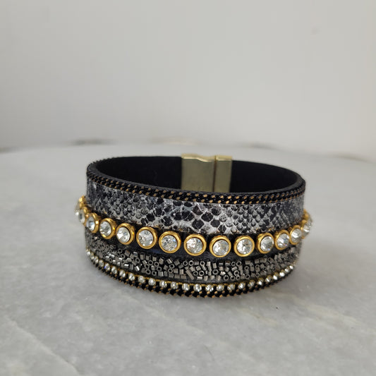 Black Snake Print Crystal Magnetic Cuff Bracelet